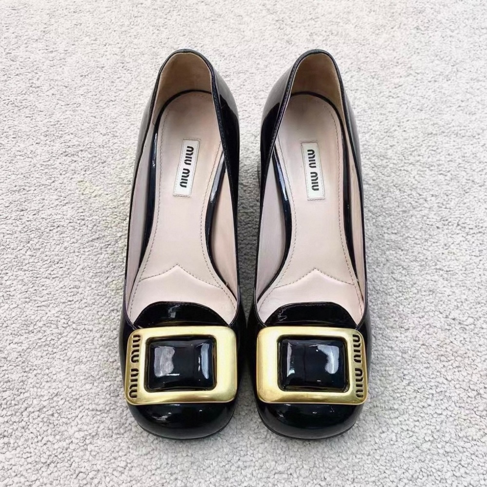 Miu Miu Black Patent Leather Pumps with Gold Buckle and Black Inset